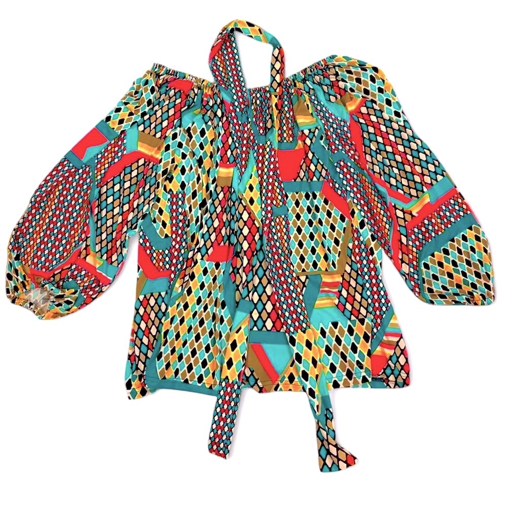 Onjenu retro colorful off the shoulder peasant flowy top with removable neck tie